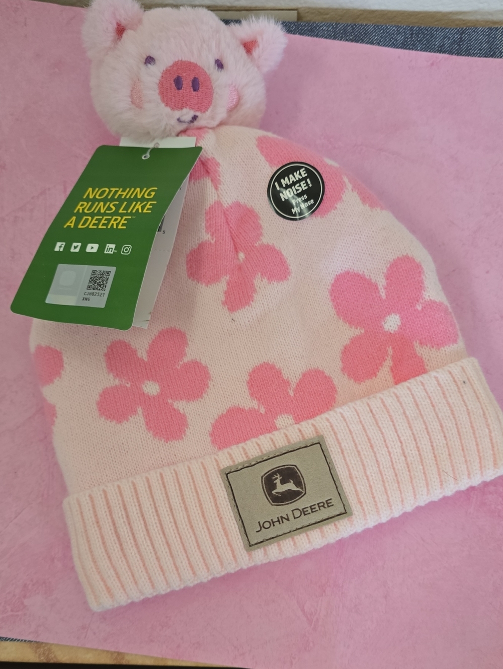John Deere Pink Floral Pom-Pig Knit Beanie